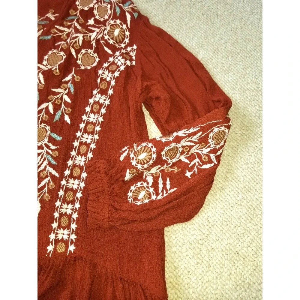 Womens Top-FREE PEOPLE-'Rust' rayon 'Wild Dreams Embroidered Tunic' boho-S